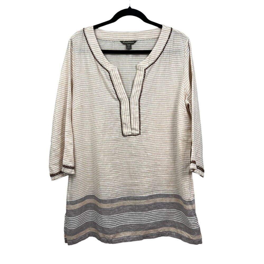 Tommy Bahama Womens Linen Tunic Top Beaded V Neck 3/4 Sleeve Stripe Tan White M*
